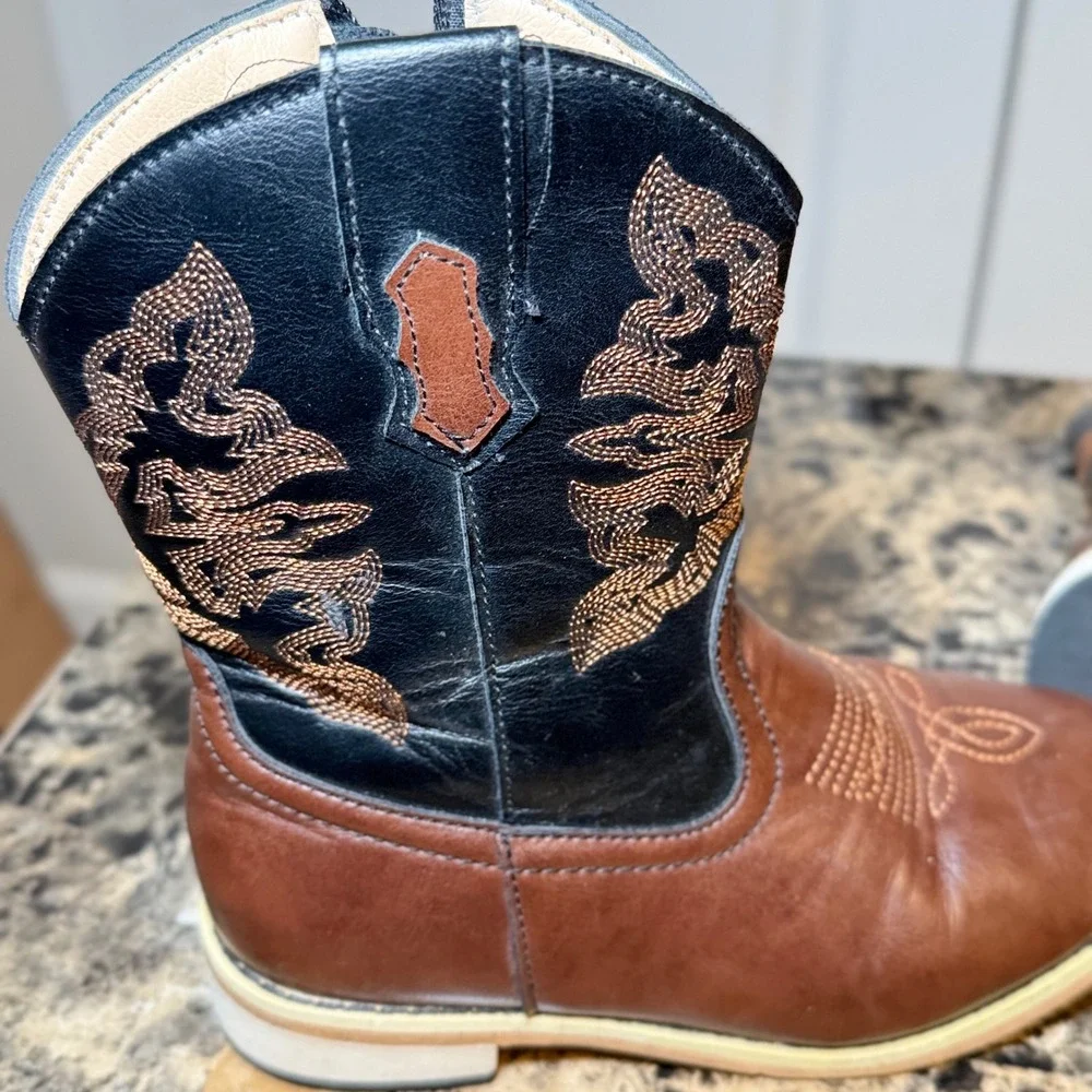 Norty Kids Brown Black Western Cowboy Boots Size 13 Embroidered Side Zip